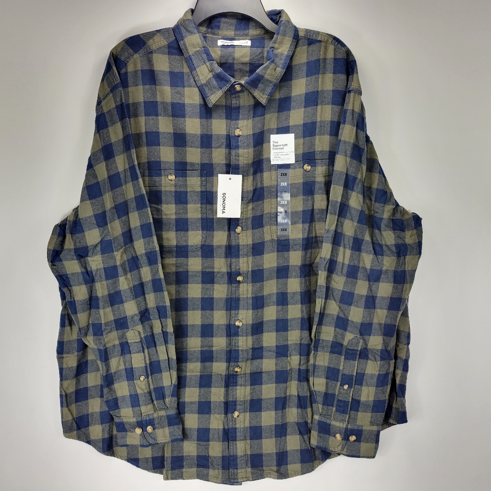 Sonoma Supersoft Flannel Long Sleeve Button Front Shirt Mens 2XB Big Green Blue